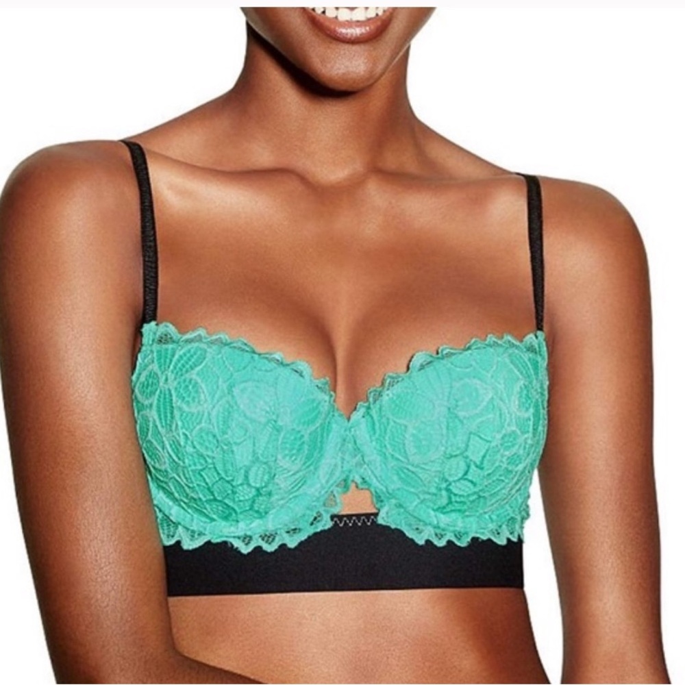 Victoria Secret Push Up Bra in Green Mint Lace and Black Band size 34 B
